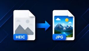 A HEIC photo file icon converting into a full-color JPG file icon on Windows 11