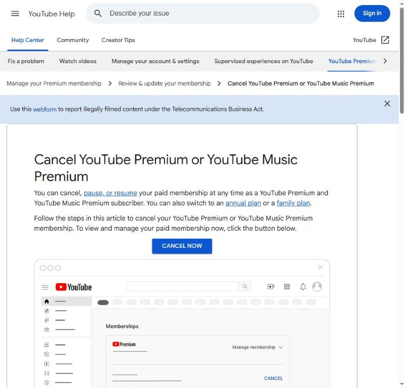 cancel youtube premium subscription official help page