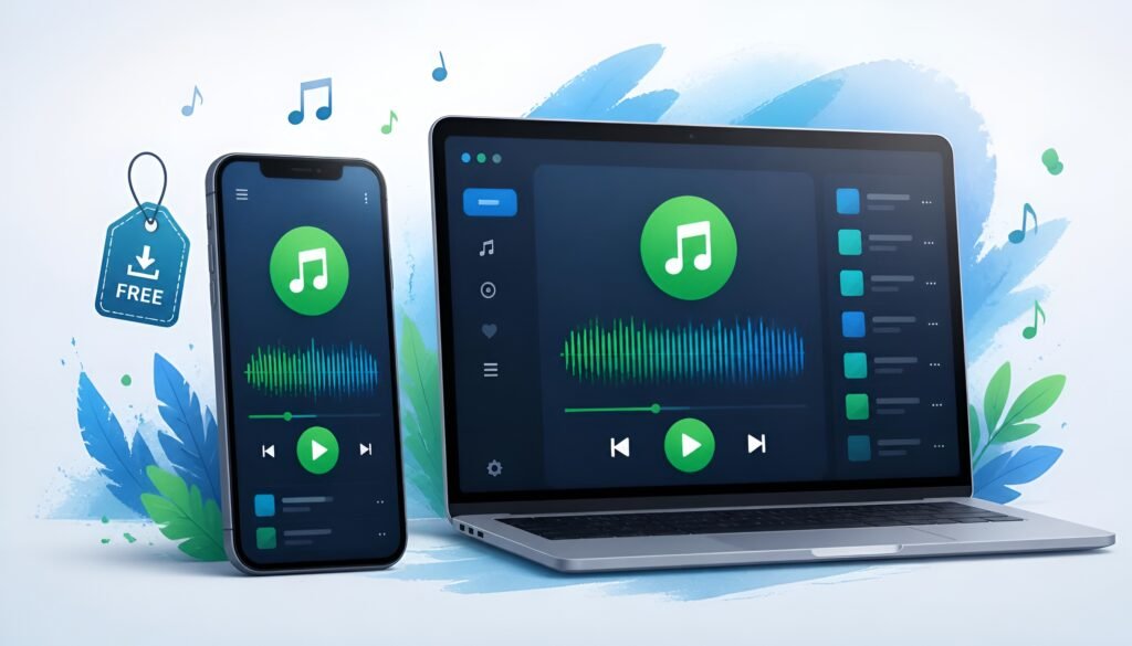 Spotify free plan showing music streaming on phone and laptop
