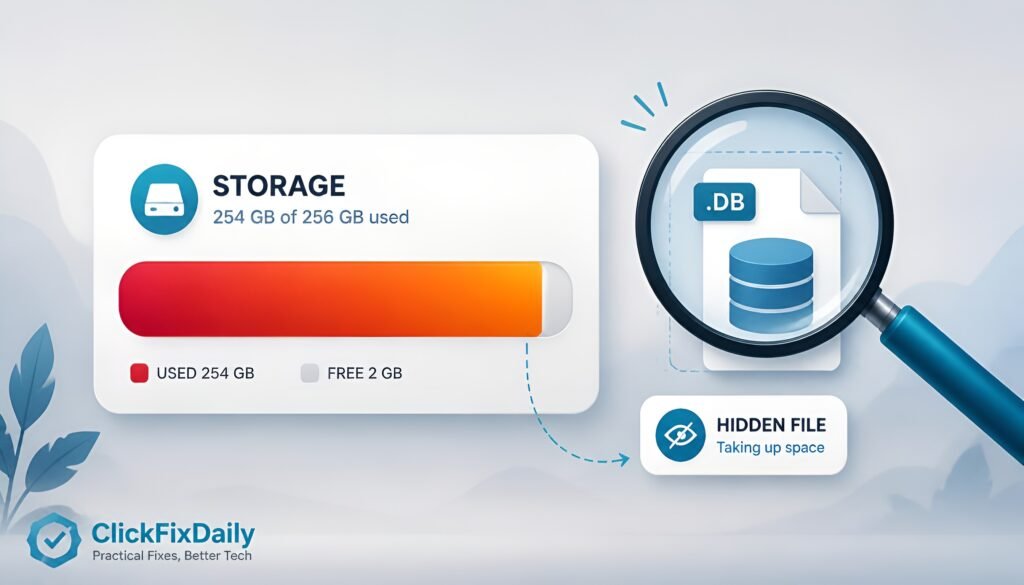 Windows 11 storage bar nearly full with magnifying glass over database file icon - CapabilityAccessManager.db-wal storage bug