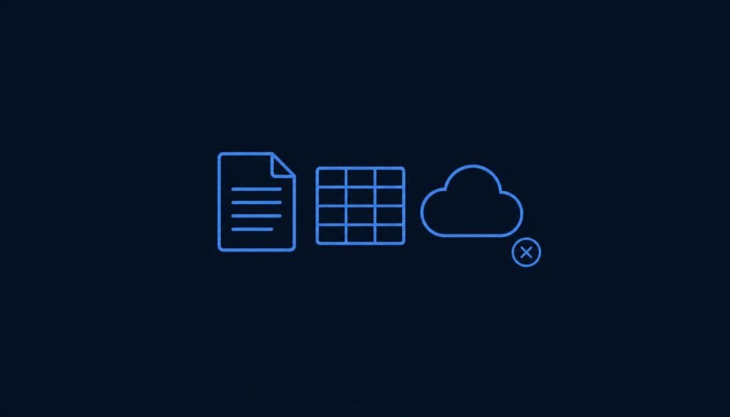Document, spreadsheet and cloud storage icons with a cancel badge for Microsoft 365