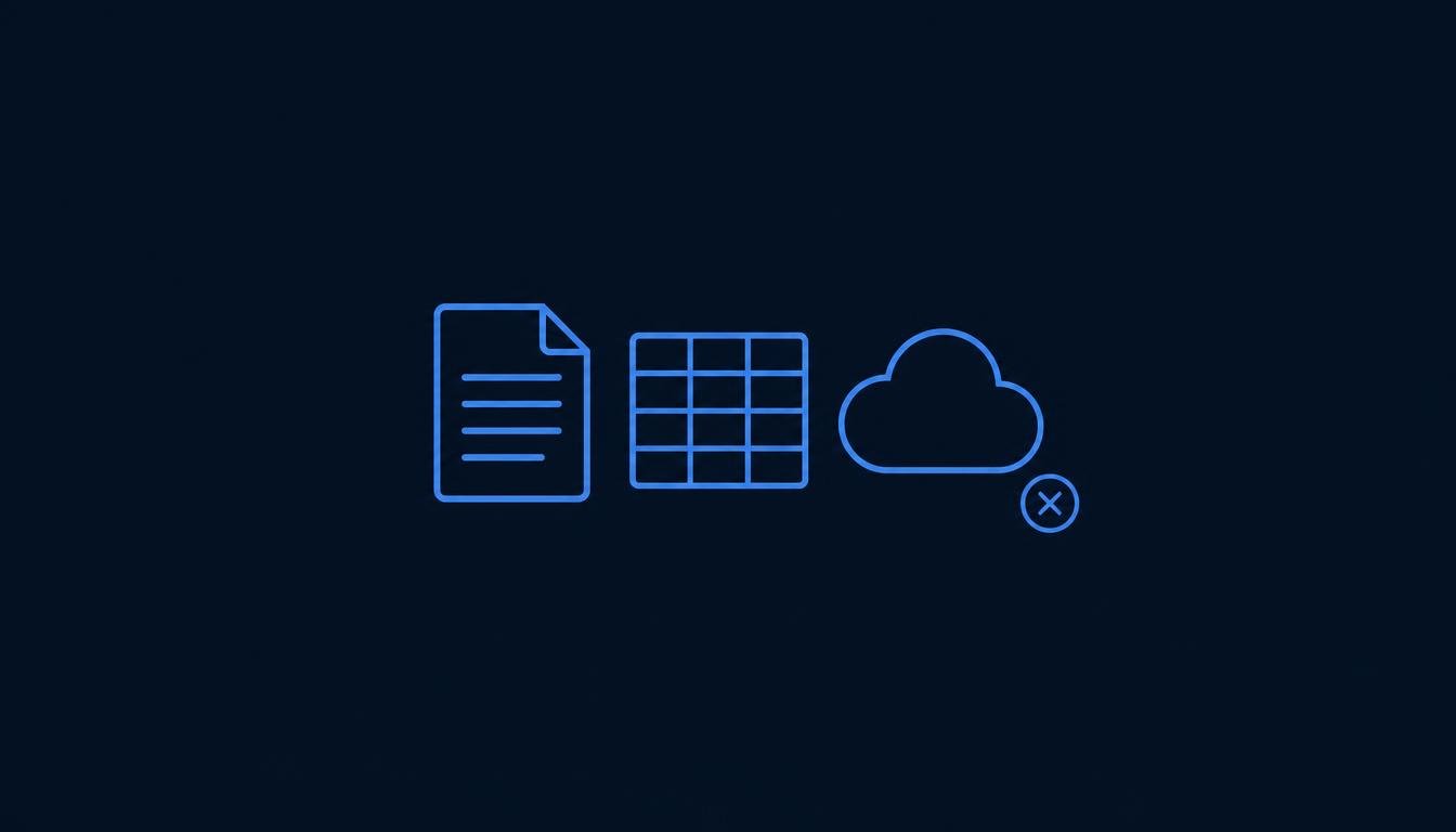 Document, spreadsheet and cloud storage icons with a cancel badge for Microsoft 365